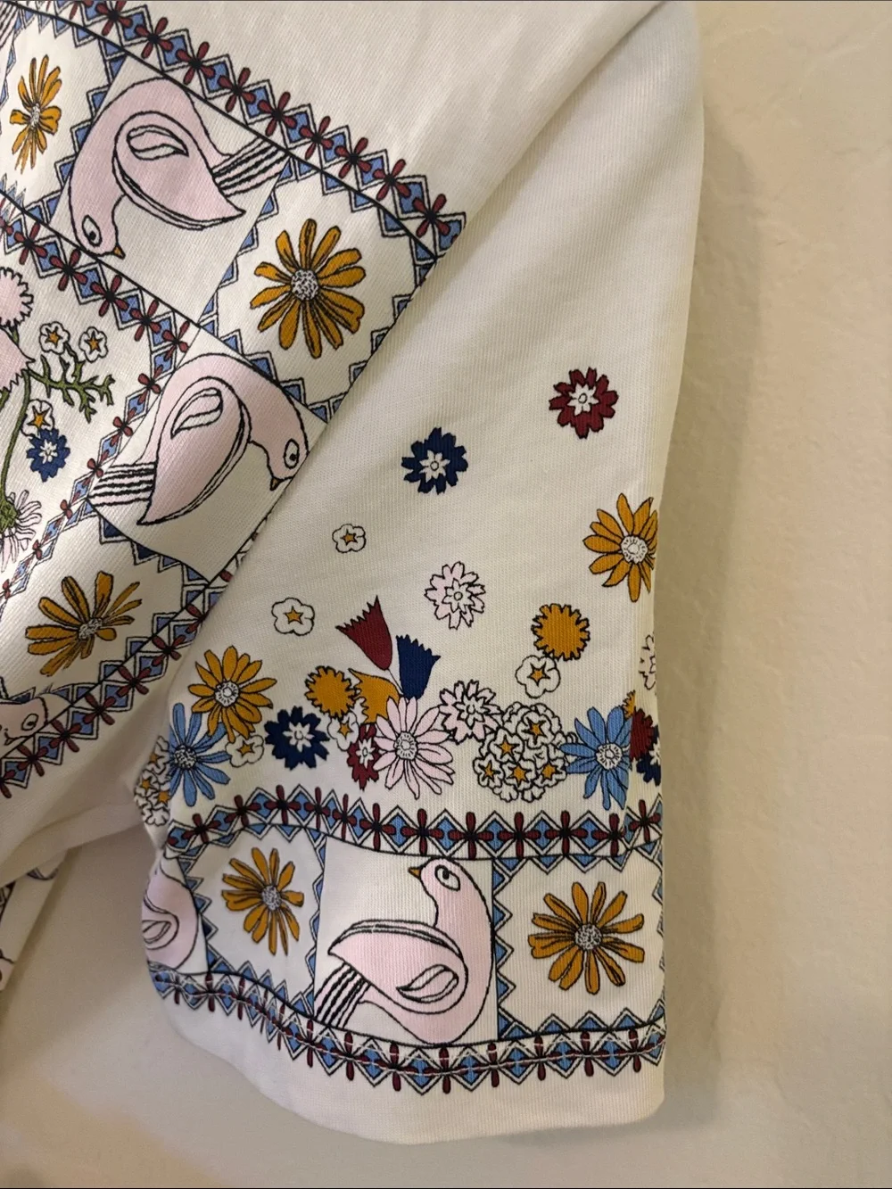 Tory Burch White Tee with Multicolor Peacock & Floral Print
